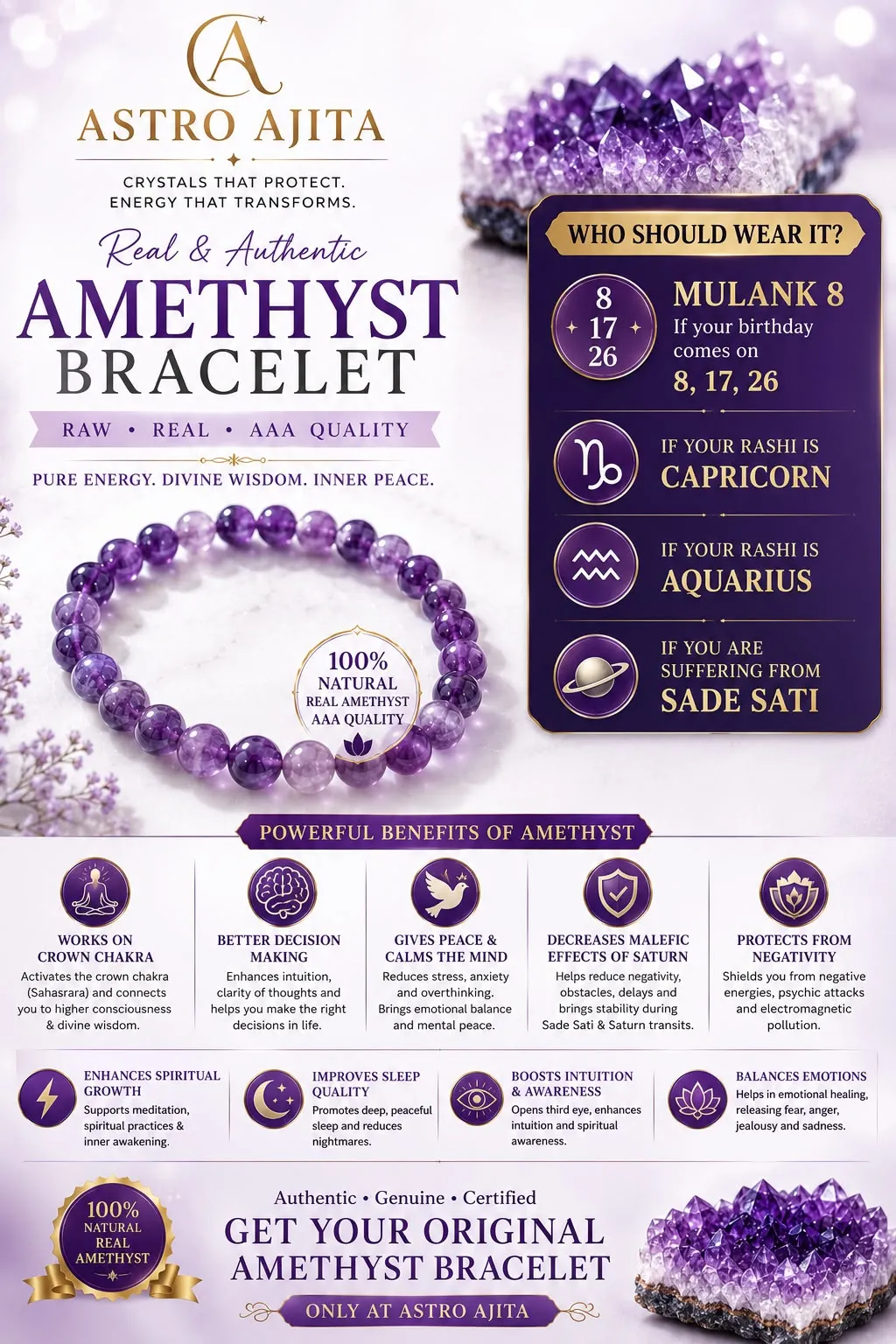 Raw AAA quality amethyst bead bracelet with amethyst cluster