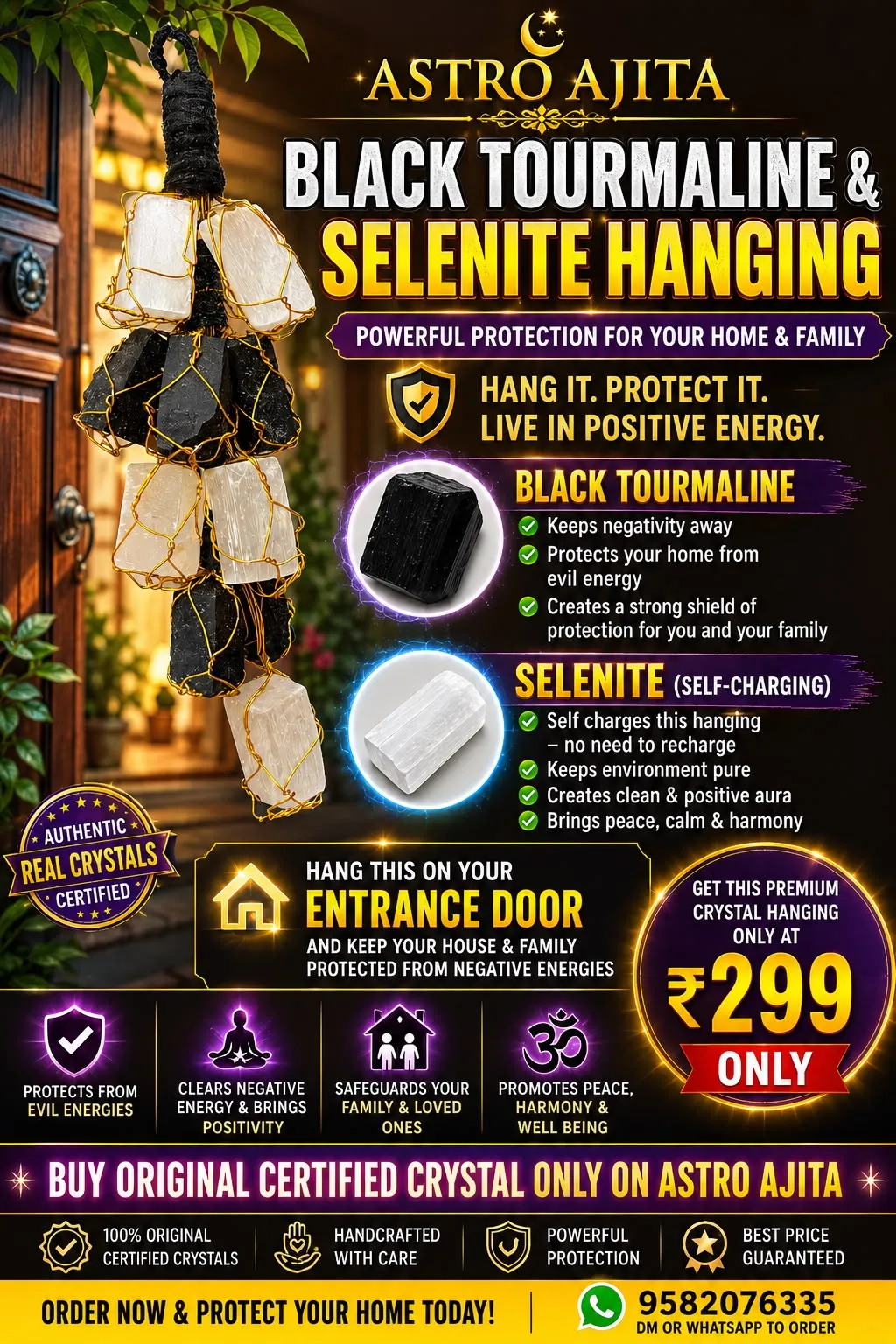 Black tourmaline and selenite crystal hanging beside a front door