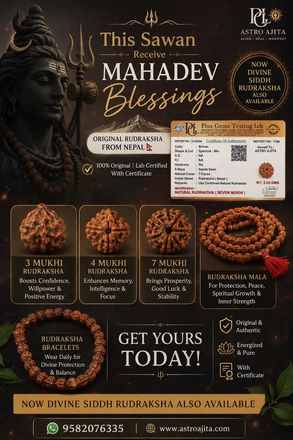 Certified 3, 4 and 7 Mukhi Rudraksha beads with mala, bracelet and lab certificate