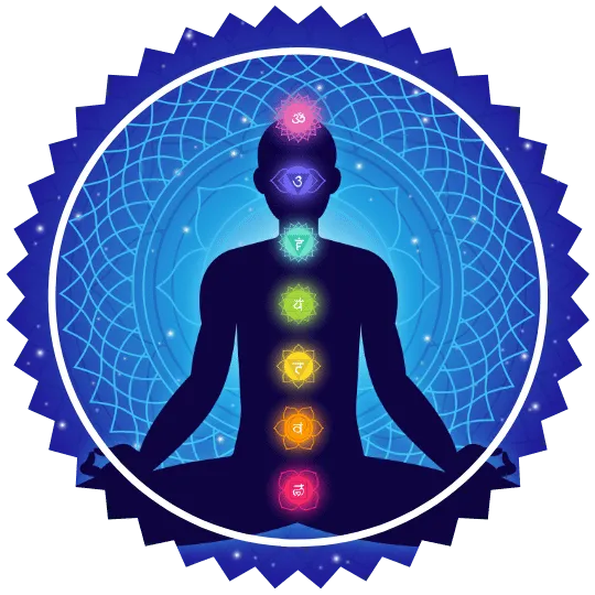 Meditation figure with the seven chakras aligned along the spine