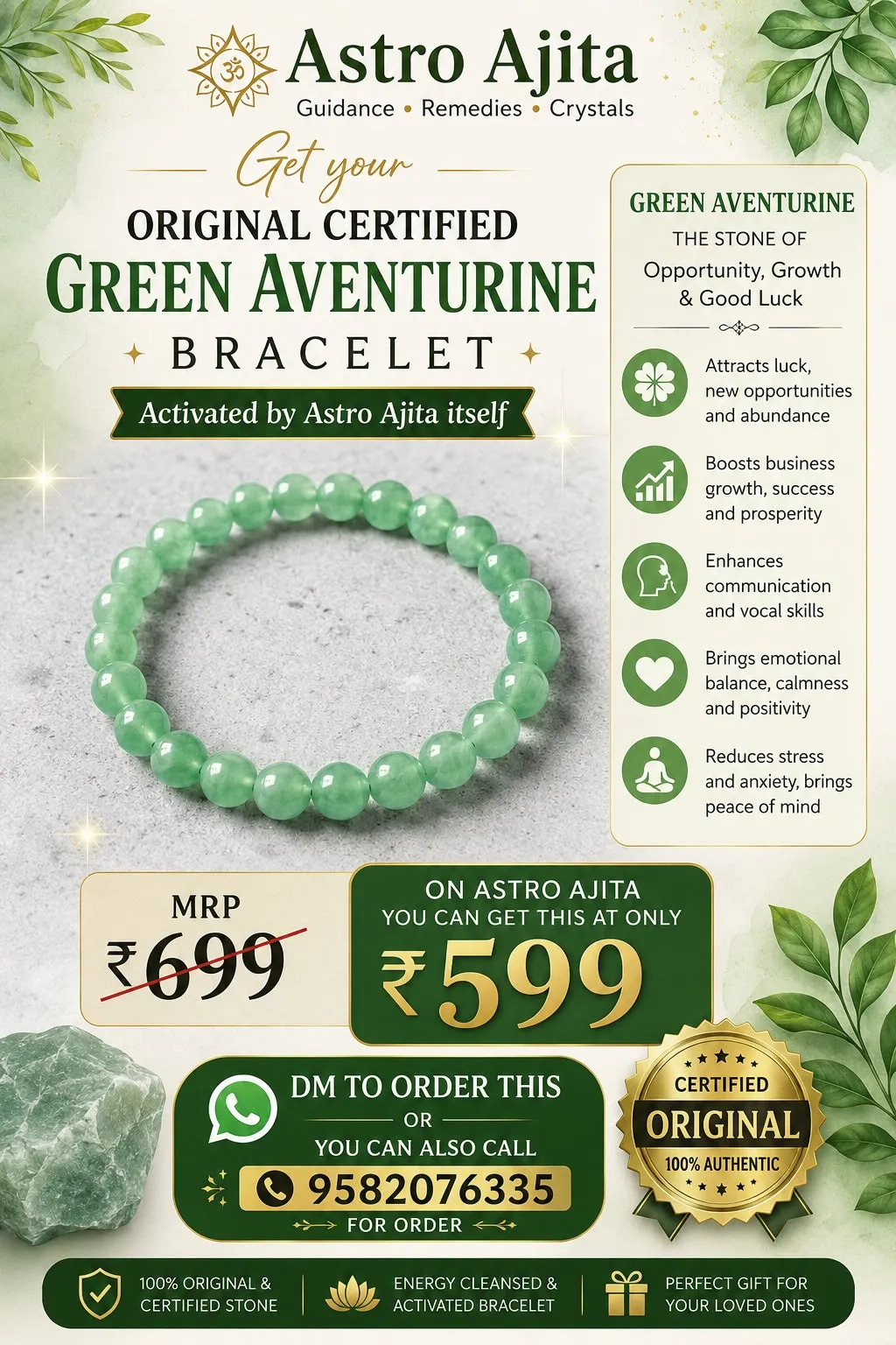 Certified green aventurine bead bracelet