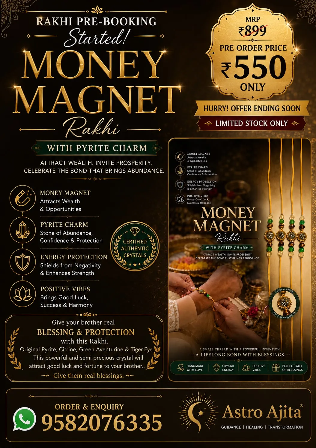 Money magnet rakhis with a natural pyrite charm on a brass plate