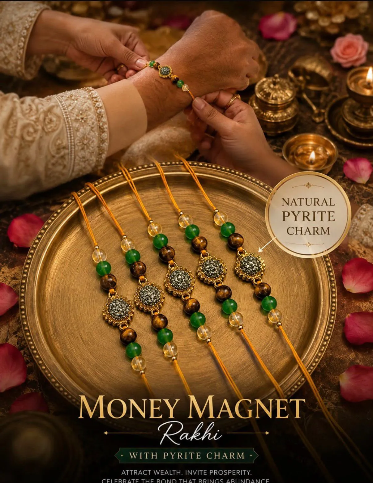 Money magnet rakhis with a natural pyrite charm on a brass plate (2)