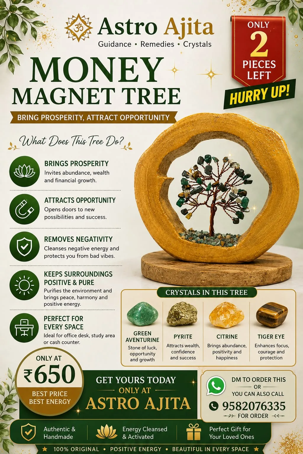 Crystal money magnet tree set in a round wooden frame