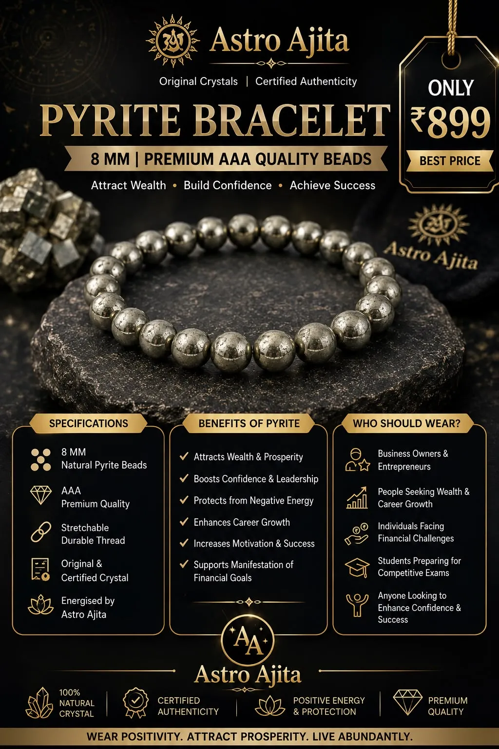 Polished 8mm pyrite bead bracelet on a dark stone