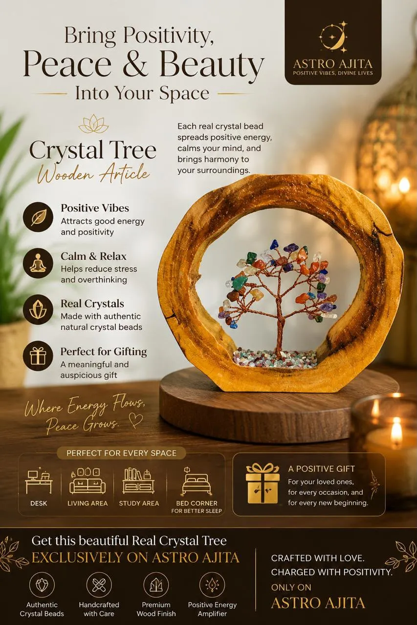 Mixed natural crystal bead tree set in a round wooden frame