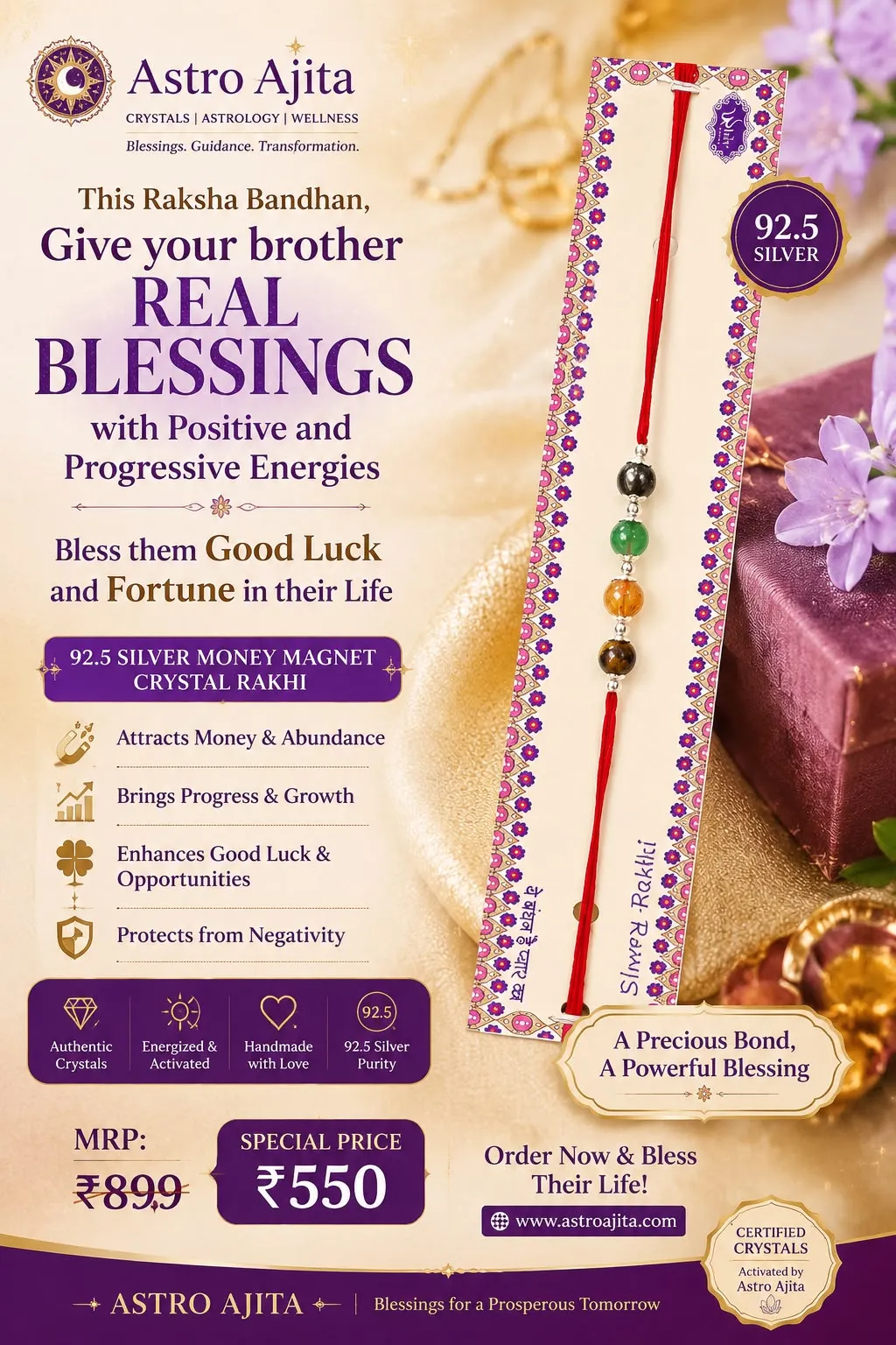 92.5 silver money magnet crystal rakhi on a decorated card