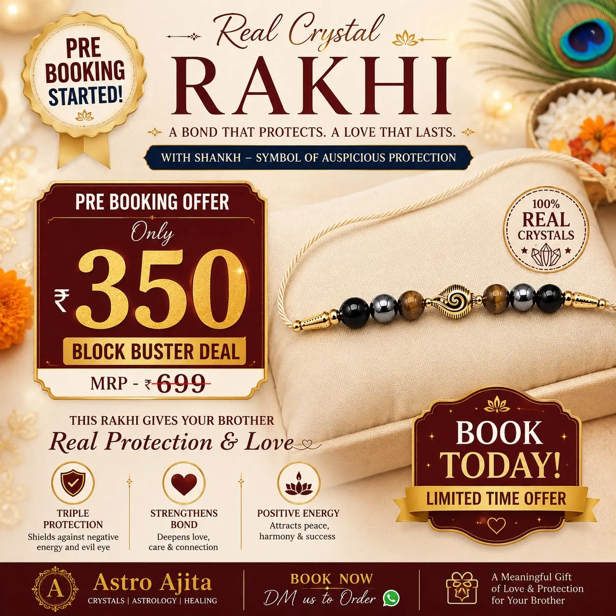 Triple protection crystal rakhi with a golden shankh charm