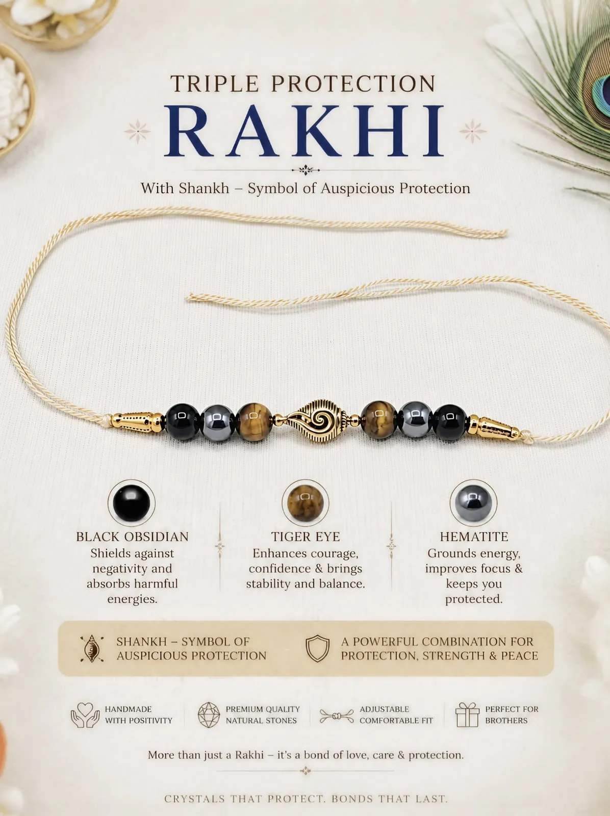 Triple protection crystal rakhi with a golden shankh charm (2)