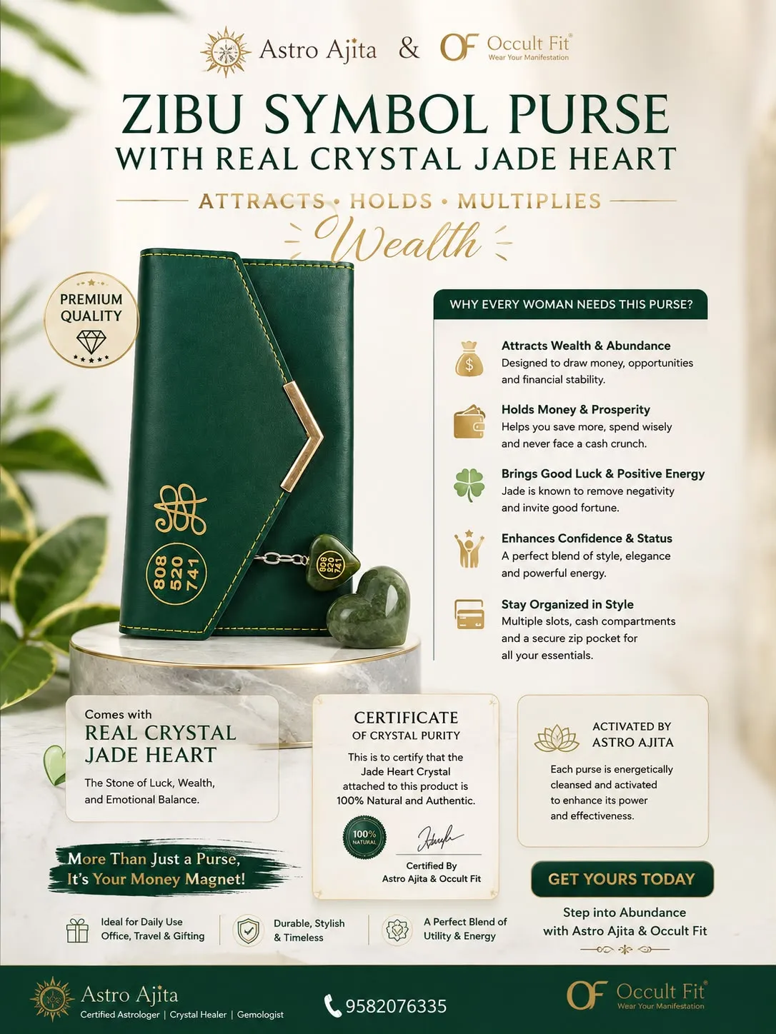 Green Zibu symbol purse with a jade heart crystal charm